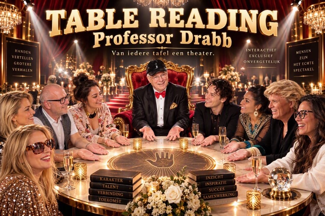 Affiche Table Reading Professor Drabb: illustratie van Drabb op een rode troon aan een ronde tafel vol lachende gasten